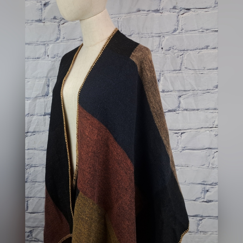Danier Womens Cape Poncho Boho Wrap Blanket Shawl Open Front Colorblock One Size - Picture 10 of 13
